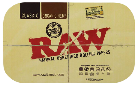 RAW Magnetic Rolling Tray Cover in tan with iconic red logo, perfect for securing dry herbs