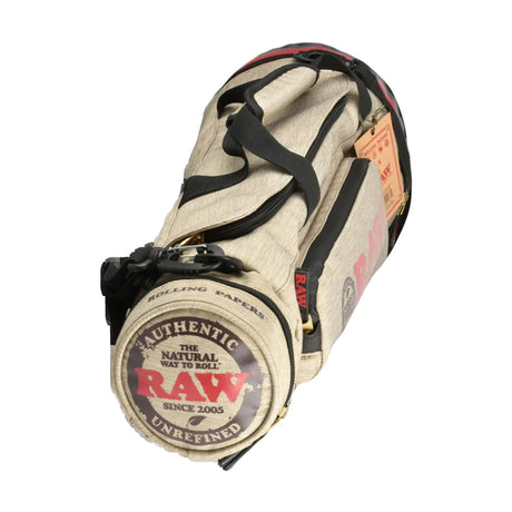 RAW Multi-Compartment Cone Duffel Bag with logo, side view on a white background
