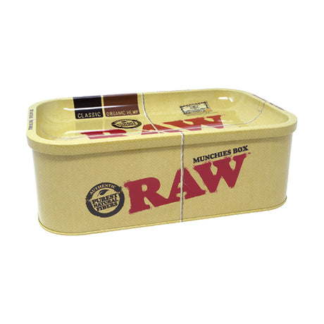 RAW Munchies Metal Storage Box in Black with secure lid, front view on seamless white background