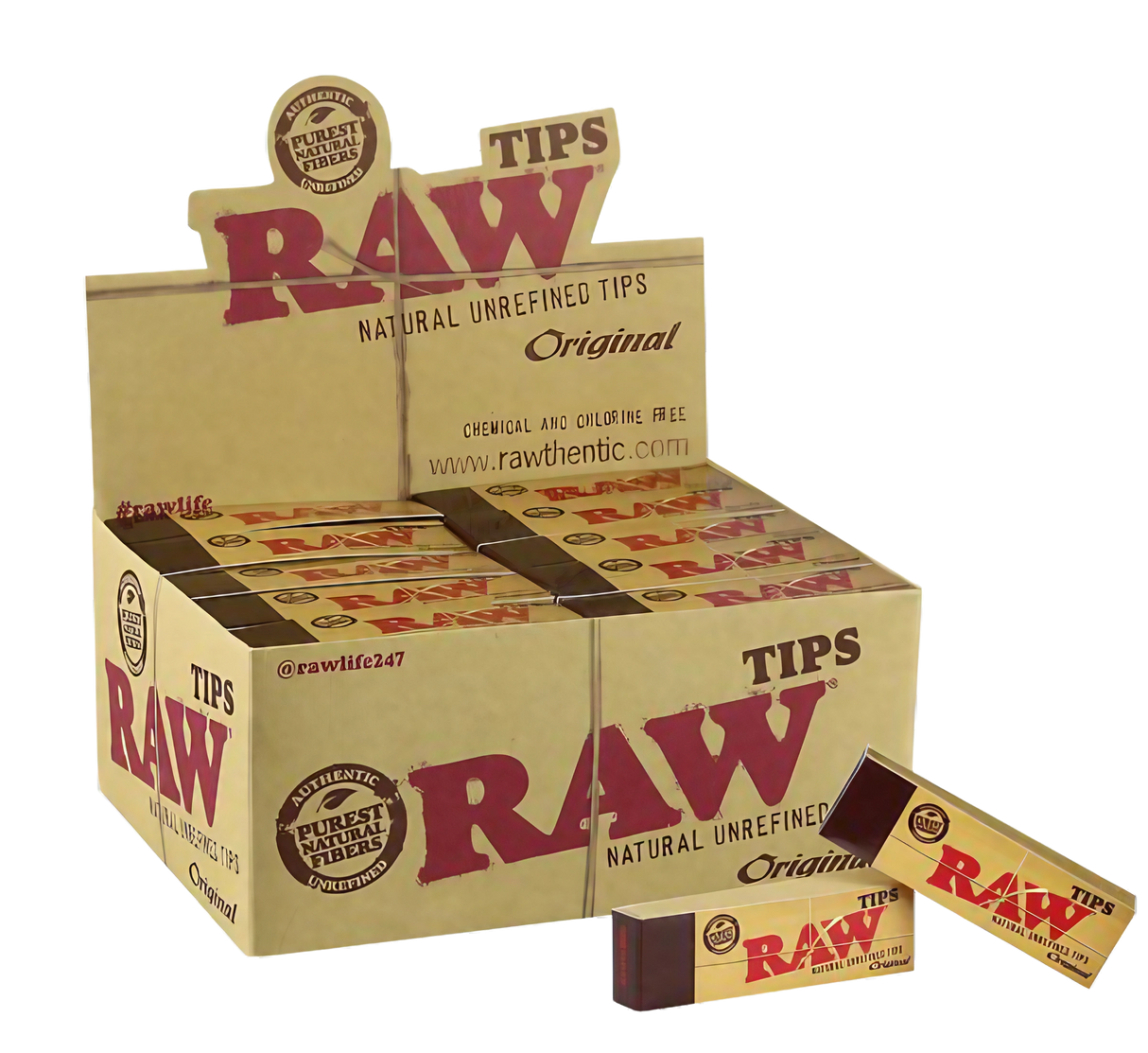 RAW Natural Unrefined Tips 50 Pack displayed in bulk box, ideal for rolling accessories