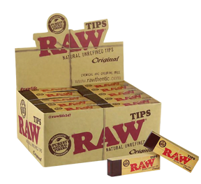 RAW Natural Unrefined Tips 50 Pack, chemical-free rolling accessory, displayed in open box