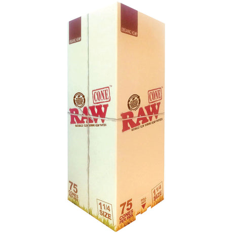 RAW Organic Hemp 1 1/4" Pre-Rolled Cones 75pc Box, Front View on Seamless White