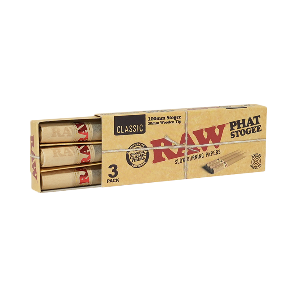 RAW Phat Stogee straight rolls with a 30mm wooden tip and slow-burning unflavored paper in a counter display