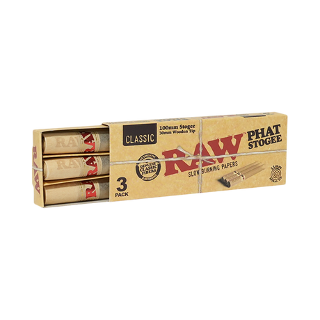 RAW Phat Stogee straight rolls with a 30mm wooden tip and slow-burning unflavored paper in a counter display