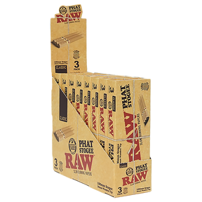 RAW Phat Stogee 100mm pre-roll rolling papers with wooden tip, 8 pack display of 3-roll packs