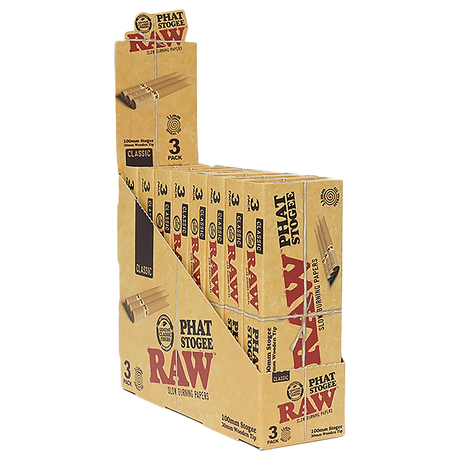 RAW Phat Stogee 100mm pre-roll rolling papers with wooden tip, 8 pack display of 3-roll packs