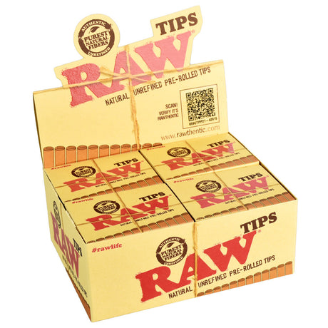 20-pack display box of RAW Pre-Rolled Tips for rolling dry herbs, unbleached material, front view