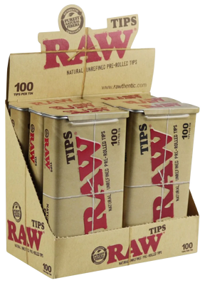 RAW Natural Unrefined Pre-Rolled Tips 100 Count Display Box Front View for Rolling