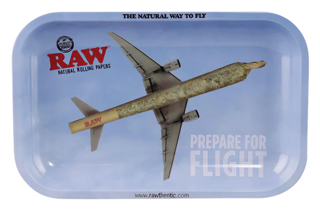 RAW "Prepare for Flight" Metal Rolling Tray with Airplane Design - 11" x 7" Top View
