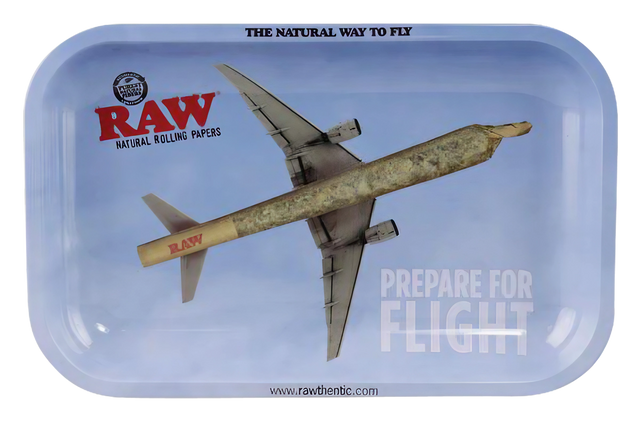RAW "Prepare for Flight" Metal Rolling Tray with Airplane Design - 11" x 7" Top View