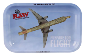 RAW "Prepare for Flight" Metal Rolling Tray with Airplane Design - 11" x 7" Top View