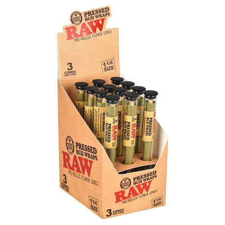 RAW Pressed Bud Wrap Cone display box with 12 hemp rolling papers, 1 1/4 size, front view