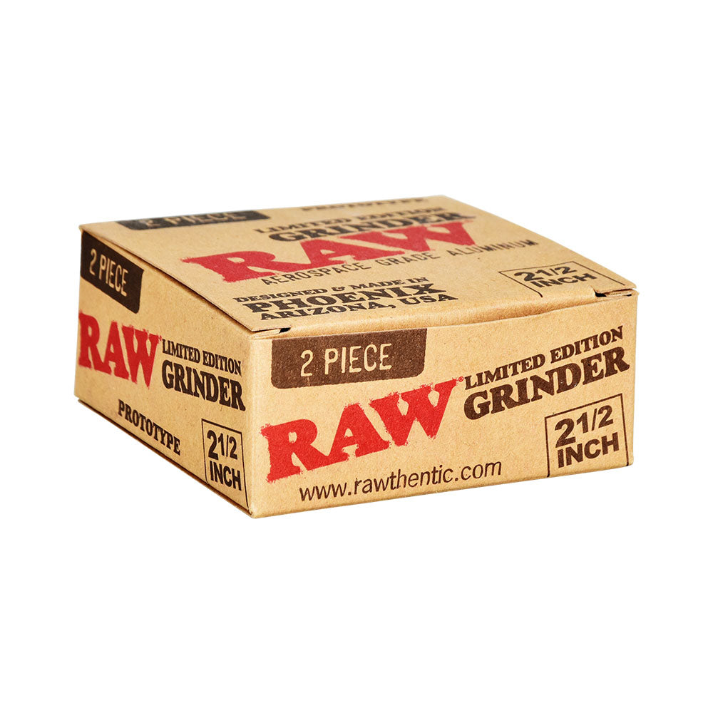 RAW Prototype Limited Edition 2pc Aluminum Grinder in Black, 2.5" Size - Boxed Front View