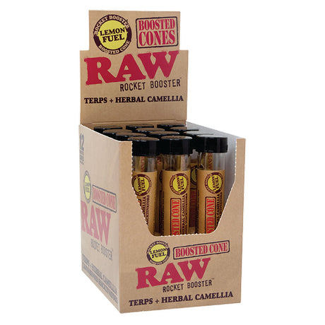 RAW Rocket Booster Terpene Cones display box with 12 Lemon Fuel flavored rolling papers
