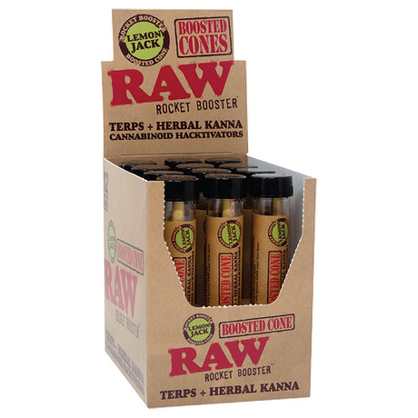 RAW Rocket Booster Terpene Cones display box with Lemon Jack variant, easy-to-use rolling papers
