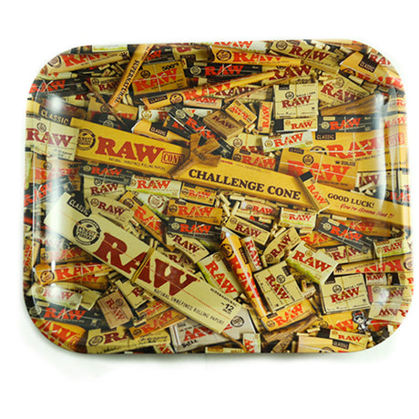 RAW Metal Rolling Tray with Rolling Paper Design, 11" x 7" Size, Top View