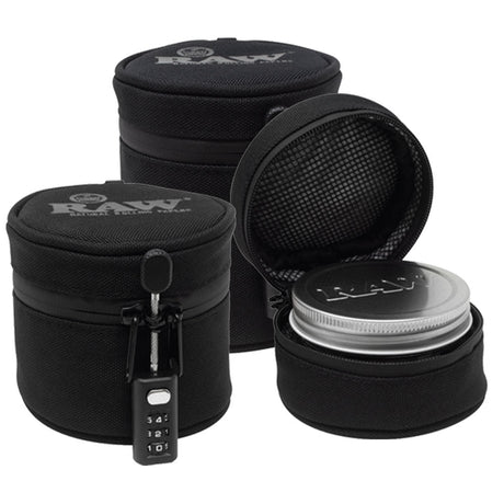 RAW Smell Proof Jar with Cozy and Combination Lock, Borosilicate Glass, Front View