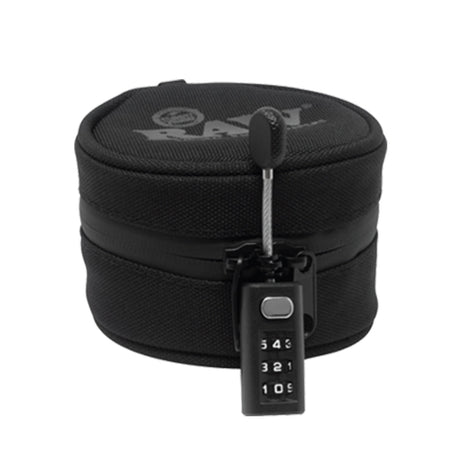 RAW Smell Proof Borosilicate Glass Jar with Black Cozy and Combination Lock, Front View
