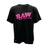 Front view of black RAW T-Shirt with pink logo and stash pocket, unisex fit