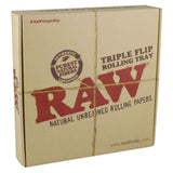 RAW Triple Flip Rolling Tray in closed position, wooden finish, front view on white background