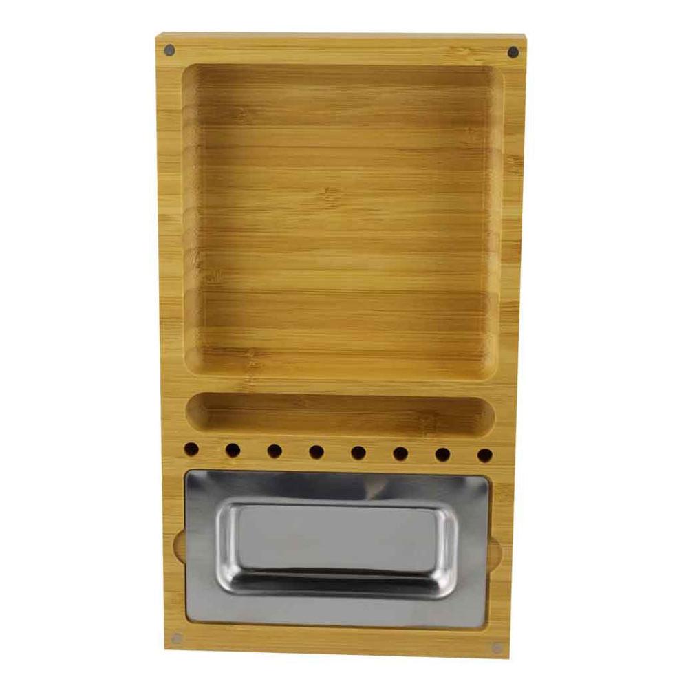 RAW Triple Flip Rolling Tray made of wood, front view, featuring multiple compartments and a metal tray