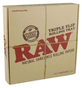RAW Triple Flip Rolling Tray in closed box, wooden material, 10"x10.5" size, front view