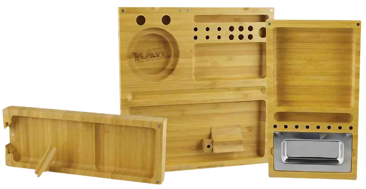 RAW Triple Flip Rolling Tray made of wood, fully unfolded showing compartments and metal tray