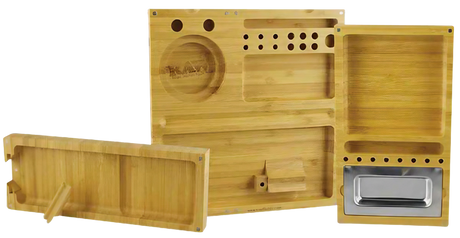 RAW Triple Flip Rolling Tray made of wood, fully unfolded showing compartments and metal tray
