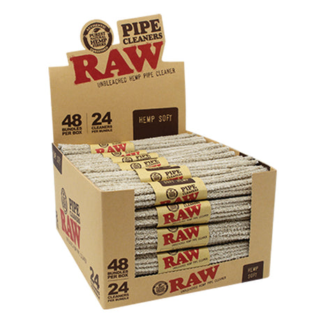 RAW Unbleached Hemp Pipe Cleaners 48 Pack displayed in an open box, front view