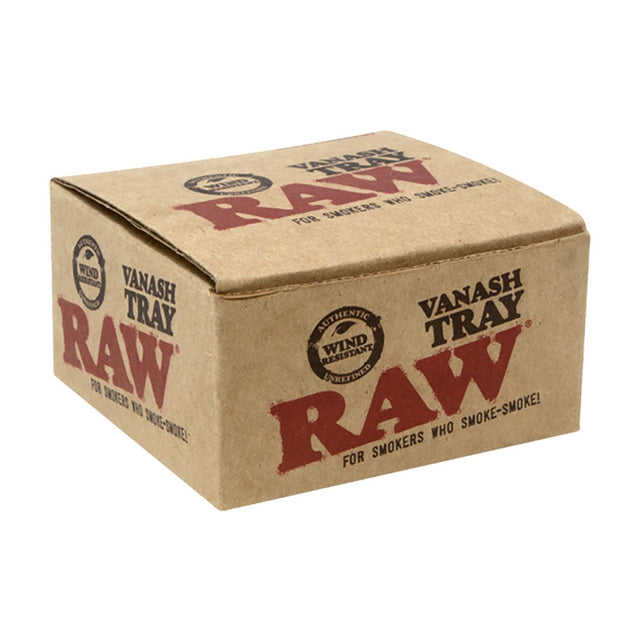 RAW Vanash Ashtray in packaging, 3.25" x 3.25" metal rolling accessory, front view