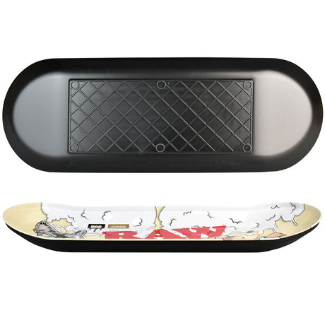 RAW X Boo Johnson Skateboard Design Metal Rolling Tray, Front and Back View, 16.75"x6"