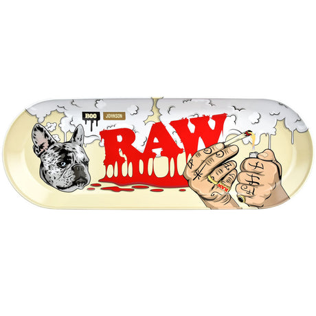 RAW X Boo Johnson Skate Deck Metal Rolling Tray featuring bold graphics, front view on white background