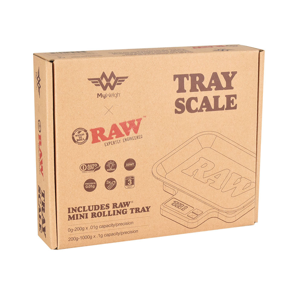 Front view of RAW X My Weigh Tray Scale packaging, 1000g capacity with variable precision