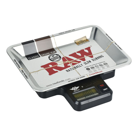 RAW X My Weigh Tray Scale with 1000g capacity and variable precision, angled front view
