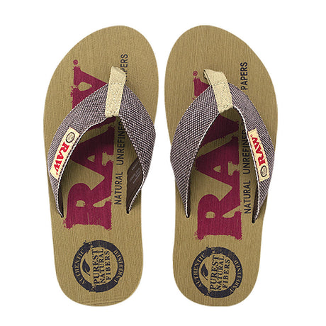 RAW X Rolling Papers branded flip flops, unisex, top view on white background, assorted sizes