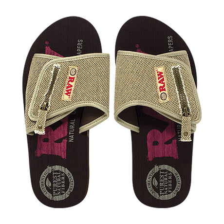 RAW X Rolling Papers Branded Sandals, Unisex Sizes, Top View on White Background