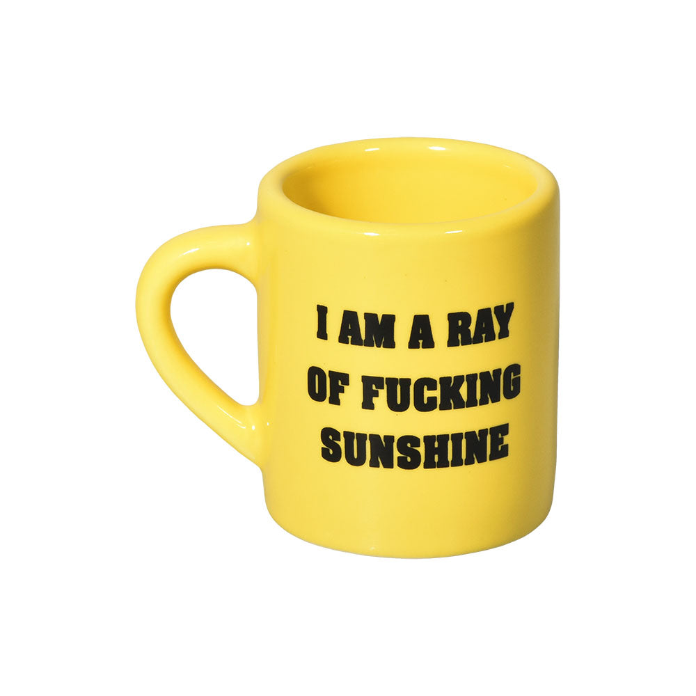 Ray of Sunshine Ceramic Mug Shot Glass - 2oz, vibrant yellow with bold text, front view