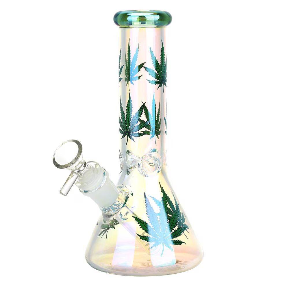 Realistic Hemp Leaf Glass Beaker Water Pipe | 7.75" | 14mm F