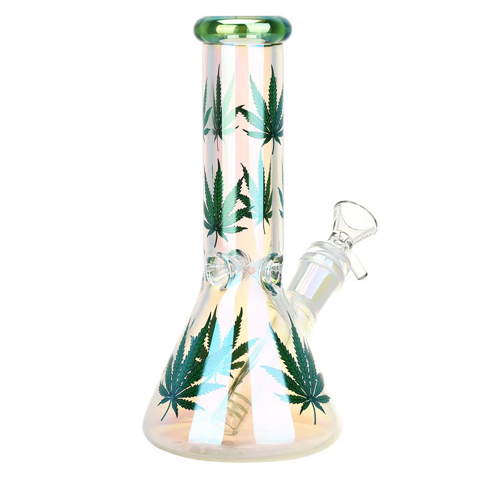 Realistic Hemp Leaf Glass Beaker Water Pipe | 7.75" | 14mm F