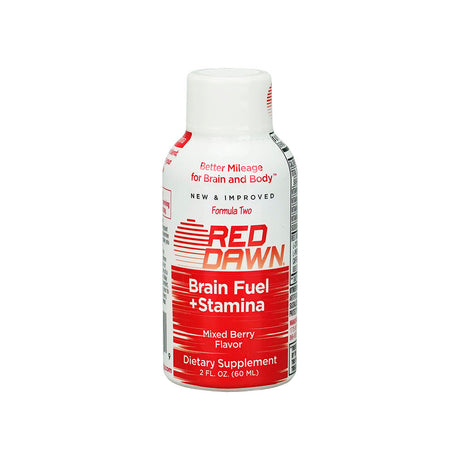 Red Dawn Brain Fuel & Stamina Shot in Mixed Berry Flavor, 2oz bottle, front view on white background