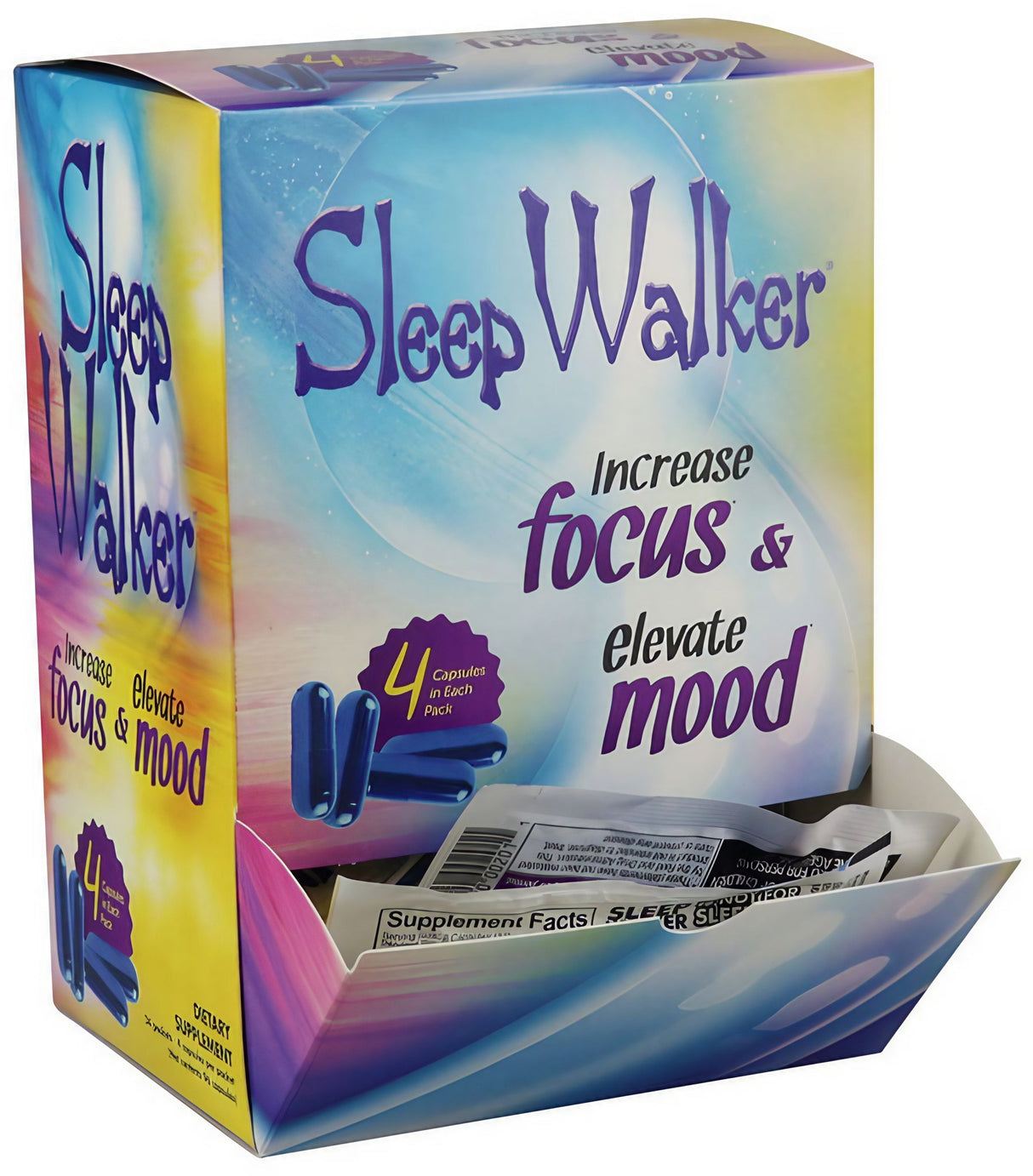 Red Dawn Sleep Walker 4-pack pills in a 12pc display box, designed for focus & mood elevation