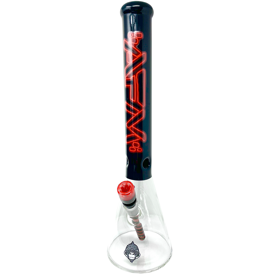 18" AFM Neon Lights Sleeve Glass Beaker Bong in Lip Stick Red with clear base and bowl, front view