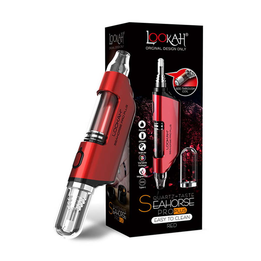 Lookah Seahorse Pro Plus in Red with packaging, front view, highlighting quartz-taste technology