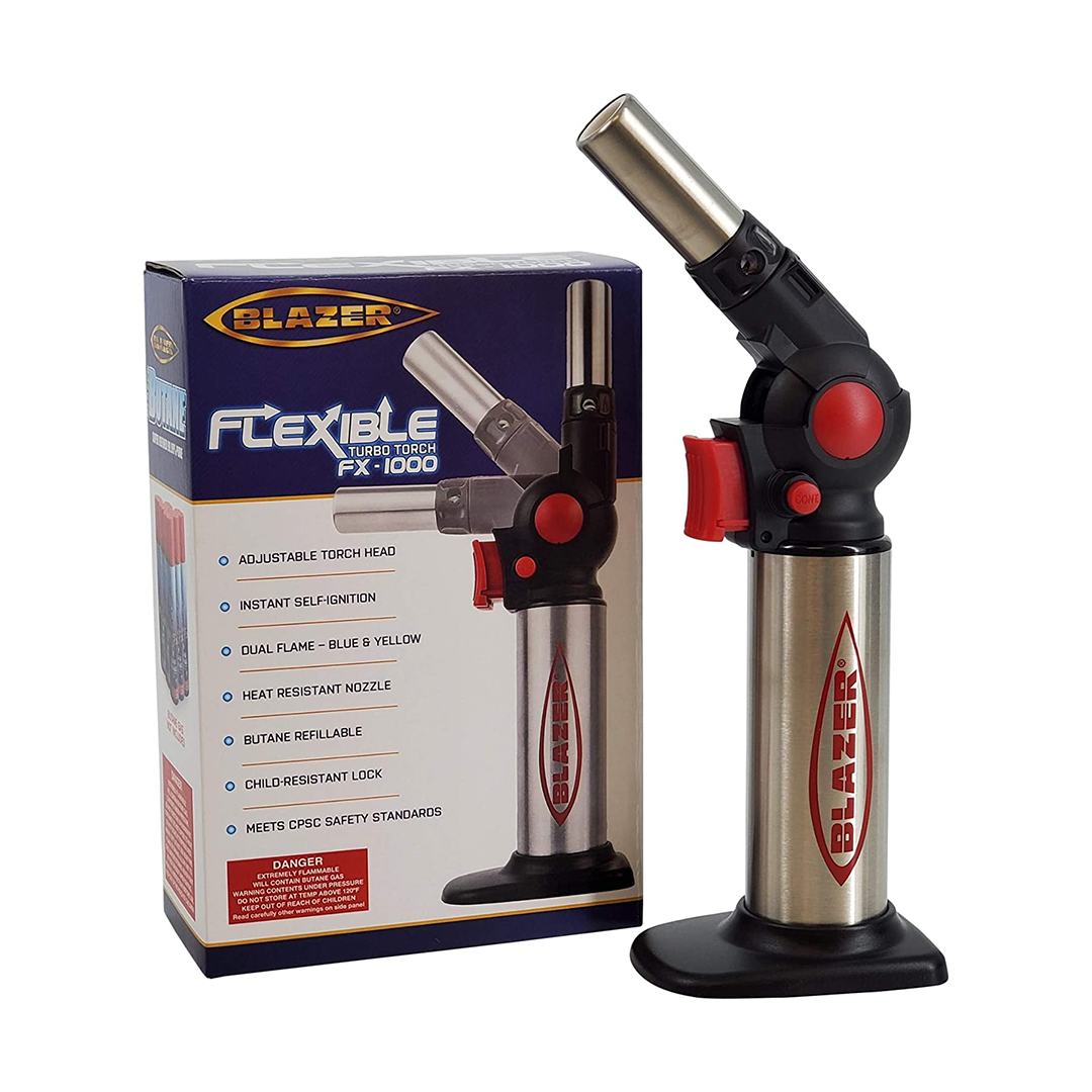 Blazer FX-1000 Turbo Torch with flexible dual flame, 7.5" tall, in red and black, side view with box