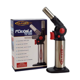 Blazer FX-1000 Turbo Torch with flexible dual flame, 7.5" tall, in red and black, side view with box