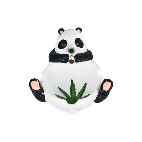 Polyresin Relaxed Stoner Panda Ashtray, Front View with Cannabis Leaf Design