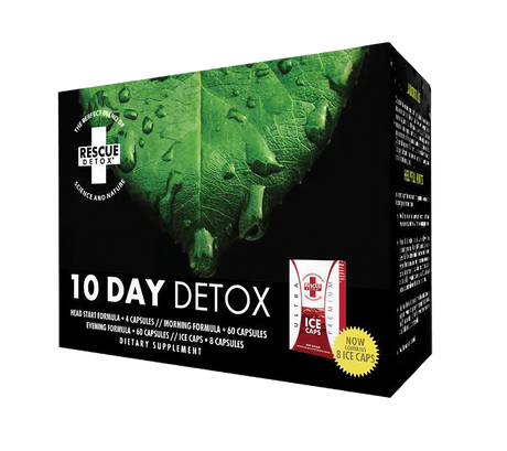 Rescue Detox 10 Day Detox Kit in black and green packaging, angled view highlighting contents