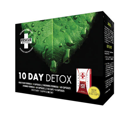 Rescue Detox 10 Day Detox Kit packaging, black and green box with capsules for cleanse and detox