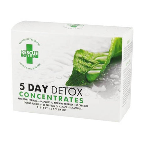 Rescue Detox 5 Day Detox Concentrates box with green aloe leaves design, portable cleanse kit