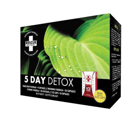 Rescue Detox 5 Day Detox Kit package with natural green leaf design, angled view
